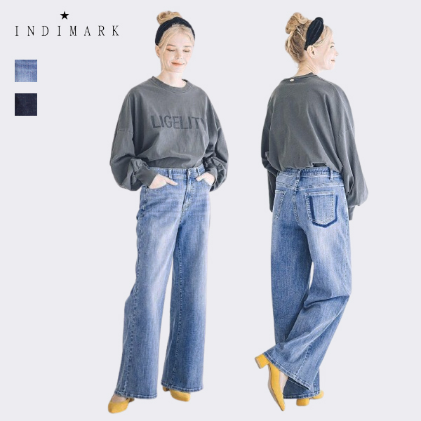 インディマーク INDIMARK / ニューワイド デニム / ブリーチ WJ167 / インディゴ WJ168  / レディース / ワイドシルエット / デニム ジーンズ ジーパン / ストレッチ / ウエストゴム