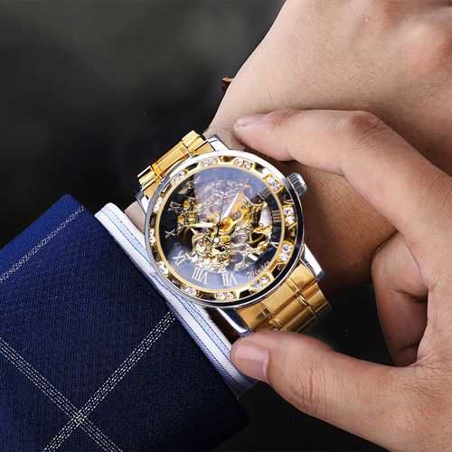 腕時計 メンズ 機械式 1個 男性 ゴールド ステンレス鋼 ストラップ ビジネス カレンダー ラインストーンデコレーション スケル
