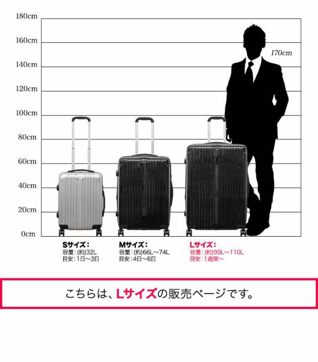 スーツケース Lサイズ 99L〜110L 大型 マチ拡張機能付き キャリーケース TSAロック ファスナータイプ ダブルキャスター 8輪 軽量  7泊用〜｜au PAY マーケット