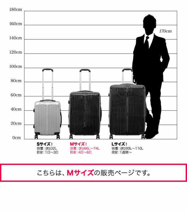 スーツケース Mサイズ 66L〜74L 中型 マチ拡張機能付き キャリー