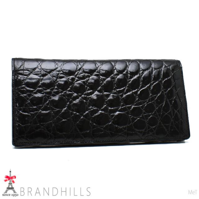 クロコダイル 長札入れ 二つ折り メンズ 小銭入れなし シャイニング加工 ブラック 日本製 ほぼ未使用 【中古】