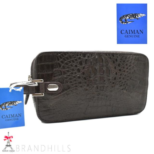 カイマン セカンドバッグ メンズ マット加工 ブラウン Wファスナー コンパクト 紳士用 ワニ 新品