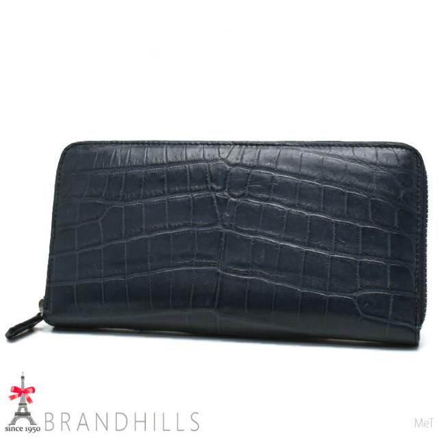 クロコダイル 長財布 メンズ レディース ネイビー マット加工 ラウンドファスナー 新品