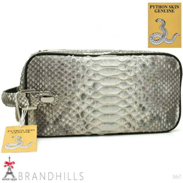 パイソン セカンドバッグ メンズ ナチュラル マット加工 Wファスナー コンパクト 幅22cm 紳士用 錦ヘビ 新品