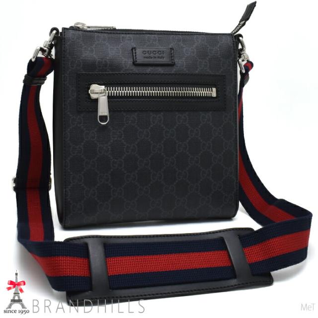 グッチ メンズ メッセンジャーバッグ スモール GGスプリームキャンバス ブラック グレー 523599 GUCCI 極美品 【中古】