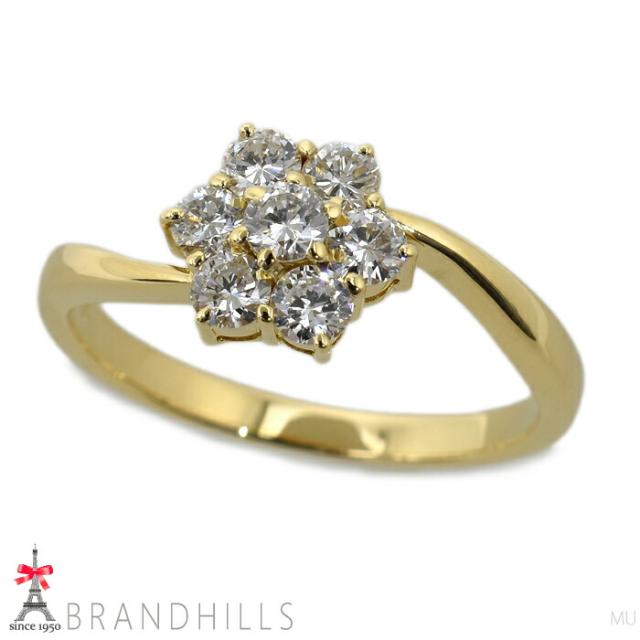 ダイヤモンド 0.50ct リング K18金 750YG イエローゴールド フラワーモチーフ 指輪 #11 2.9g 極美品 【中古】