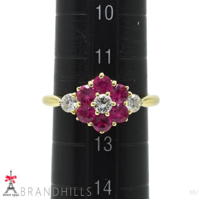 ルビー 0.94ct ダイヤモン ド0.35ct リング 鑑別書付 K18金 750YG イエローゴールド フラワーモチーフ 指輪 #12 3.6g 極美品 【中古】_9