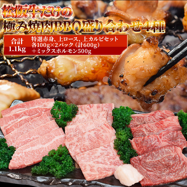 松阪牛 極み 焼肉 バーベキュー 盛合わせ 4種 Ａ５ランク厳選 合計１．１ｋｇ（カルビ ロース 特選赤身 食べ比べ焼肉セット６００ｇとミックスホルモン５００ｇ）牛肉 和牛 送料無料 プレゼント ギフト