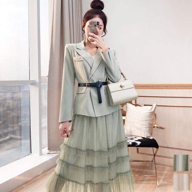 スカートセットアップ 送料無料 テーラードカラー ベルト 長袖