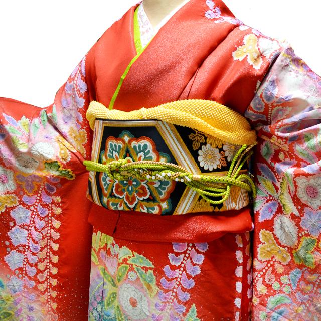 レンタル】 お仕立付 手描き 京友禅 正絹 振袖 30点セット 赤 成人式 