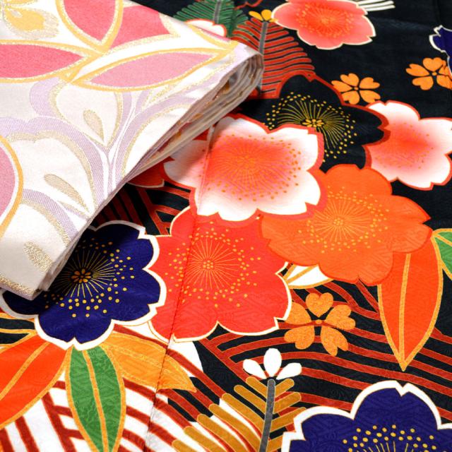 平和屋□極上 H・L（アッシュエル） 小振袖・長襦袢セット 花蝶文 黒地