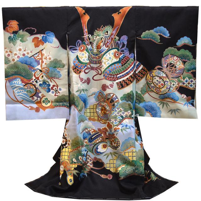 お宮参り 着物 男の子 正絹 産着 長襦袢付 1(黒・兜小槌) レンタル お宮参り 着物 男の子 正絹 産着 長襦袢付 1(黒・兜小槌