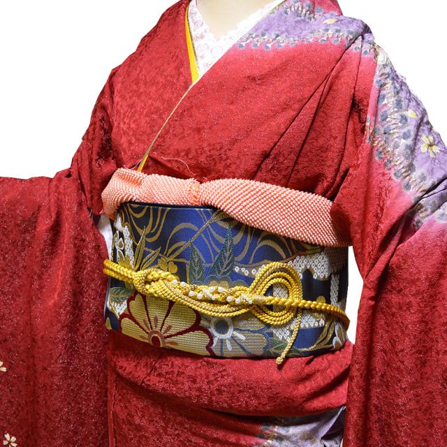 レンタル】 お仕立付 手描き 京友禅 正絹 振袖 30点セット エンジ 成人