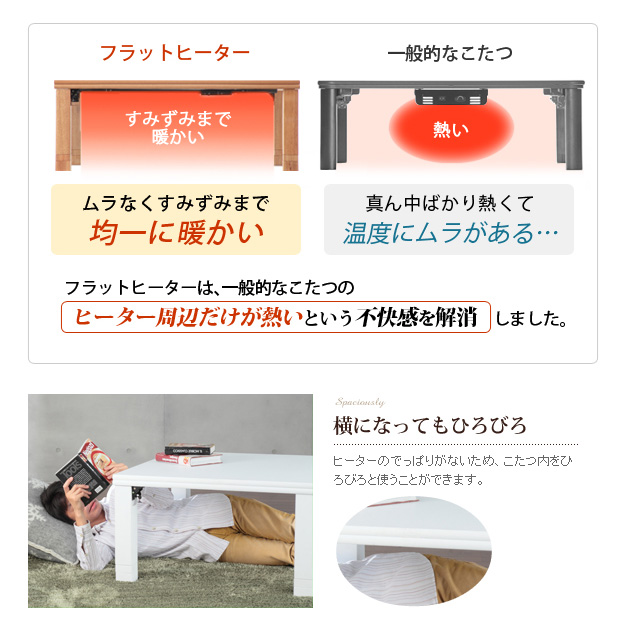 高さ4段階調節 折れ脚こたつ Flat Laurier(フラットローリエ) 108x75cm 3色対応 こたつテーブル コタツ 長方形 単品 フラットヒーター 高さ調節 木製 センターテーブル リビングテーブル ローテーブル おしゃれ モダン