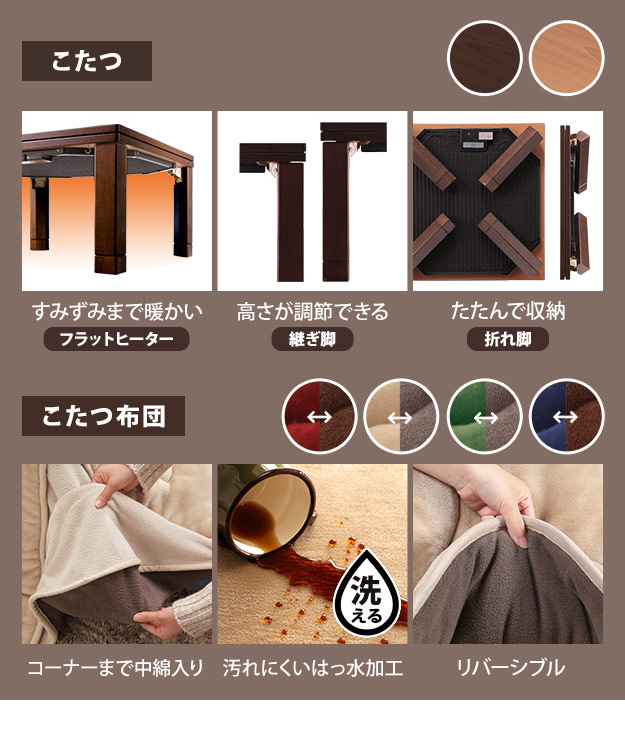 はっ水/リバーシブル】省スペース こたつ布団2点セット スクエアこたつ