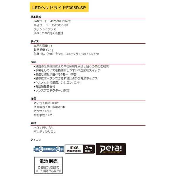 タジマ Ledヘッドライドf305d Sp Le F305d Sp 製品重量97g ヘルメットに最適 シリコンバンド Tjmデザイン Tajimaの通販はau Pay マーケット カナジンau店