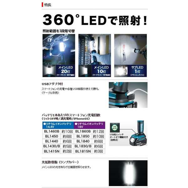 マキタ 充電式LEDワークライト ML807+バッテリBL1860B+充電器DC18RF付