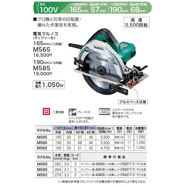 (マキタ) 電気マルノコ M565 のこ刃径165mm 切込み深さ57mm アルミベース チップソー付_3