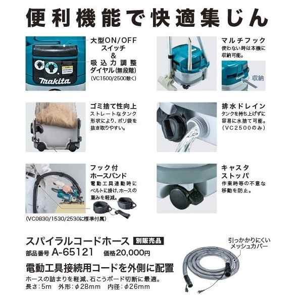 マキタ 集じん機 粉じん専用 電動工具接続専用 VC0830 ホースφ28mm×5m付 集じん容量8L 最大風量1.9m3/min 連動コンセント付  makita 大の通販はau PAY マーケット - カナジンau PAY マーケット店 | au PAY マーケット－通販サイト