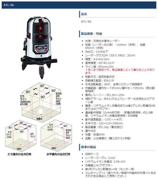 KDS 高輝度レーザー墨出器 ATL-96 本体のみ 高精度±1mm/10m ライン固定