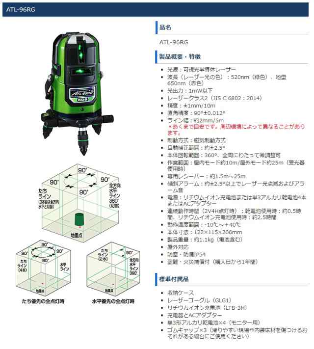 KDS 高輝度グリーンレーザー墨出器 ATL-96RGRSA 本体+受光器(LRV-4GD)+