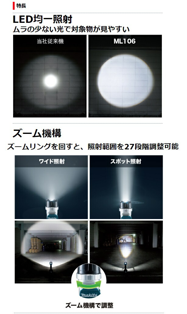 マキタ 充電式フラッシュライト ML106+バッテリBL1015x1個+充電器DC10SA付 LEDライト 10.8V対応 makita オリジナルセット品_2