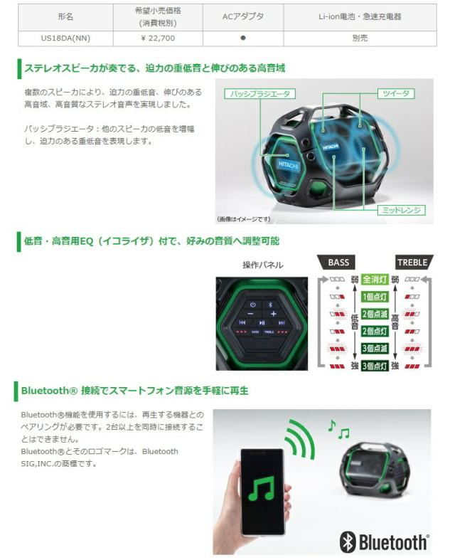 日立 14.4V/18V コードレススピーカ US18DA(NN) 本体のみ イコライザ付 防塵・防滴仕様 IP54 Bluetooth接続でスマートフォン音源を再生 14.4V・18V対応 HiKOKI ハイコーキ_1