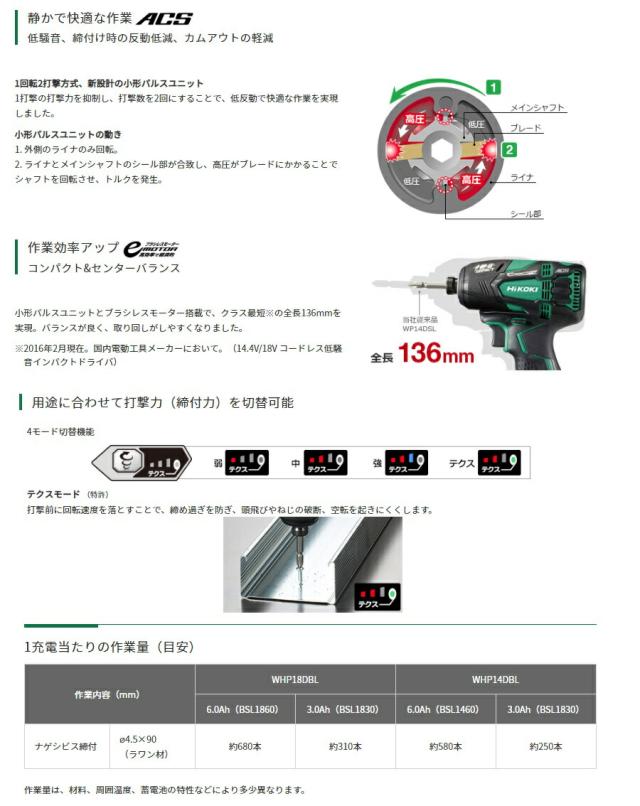 HiKOKI 充電インパクトドライバ WHP14DBL(2LYPK) バッテリ(BSL1460)x2+急速充電器(UC18YDL)+ケース付 14.4V対応 ハイコーキ 日立_1