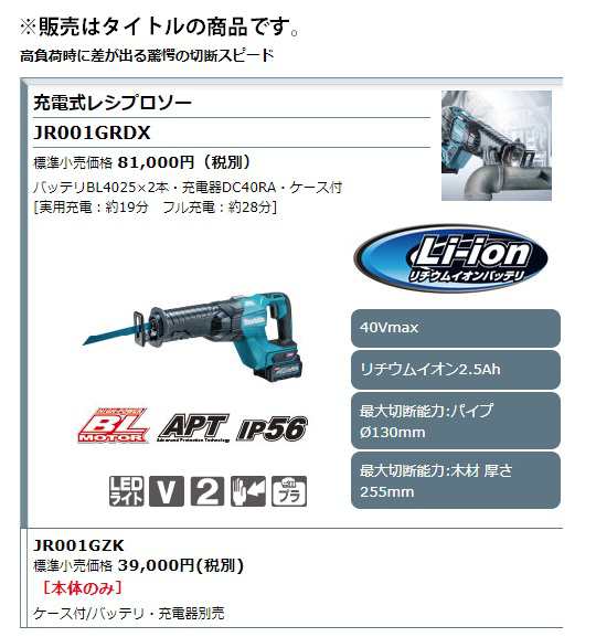 マキタ) 充電式レシプロソー JR001GRDX バッテリBL4025x2本+充電器