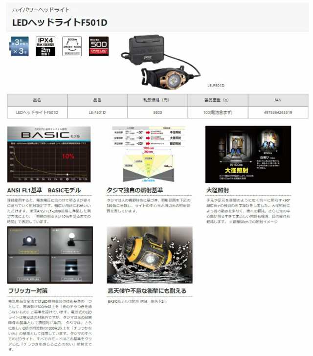 タジマ LEDヘッドライトF501D LE-F501D サイズ38mmx87mmx55mm 光学系コリメーターレンス? 最大500lm  選べる3照射切替 乾電池式 TJMデザイの通販はau PAY マーケット - カナジンau PAY マーケット店