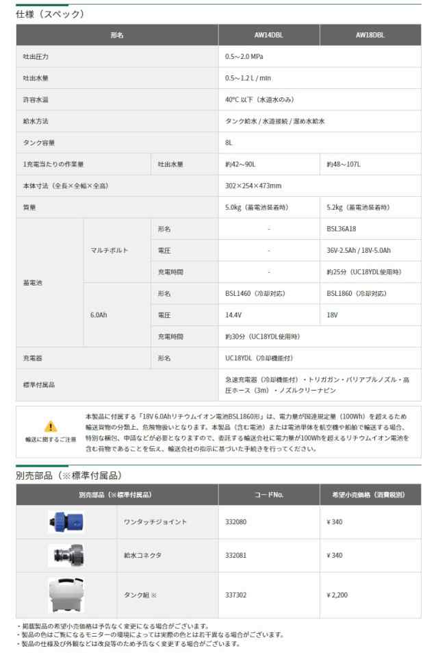 HiKOKI コードレス高圧洗浄機 AW18DBL(NN) 本体のみ 質量約5.2kg タンク容量8L 18V対応 工機ホールディングス ハイコーキ 日立