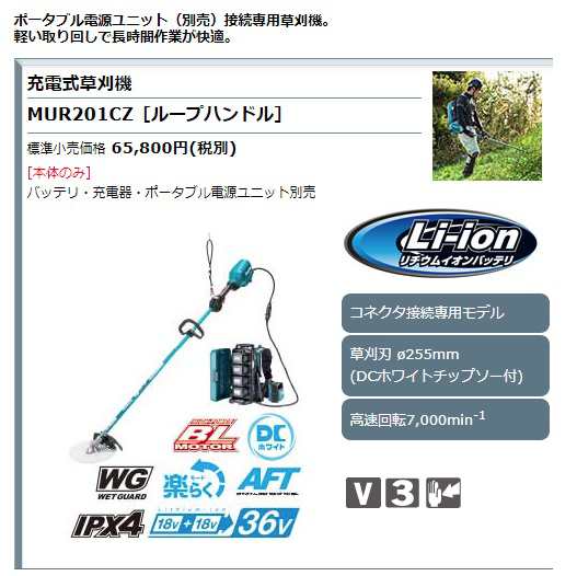 マキタ) 充電式草刈機 ループハンドル MUR201CZ 大径255mmDCホワイト