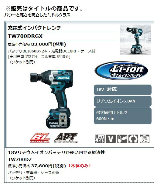 マキタ) 充電式インパクトレンチ TW700DZ 本体のみ コンパクト&軽量 