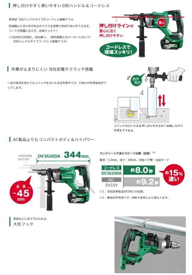 HiKOKI) コードレス振動ドリル DV3620DA(NN) 本体のみ 全長344mm D形