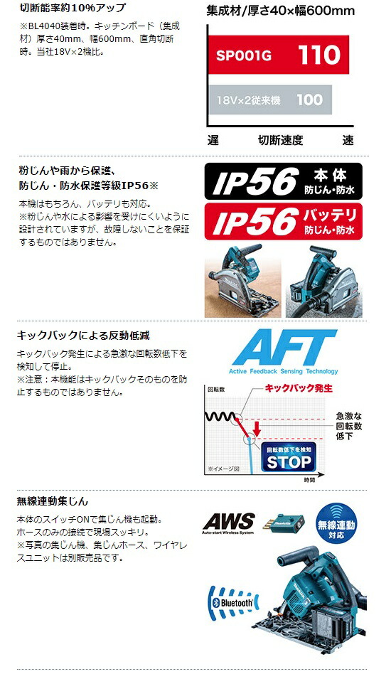 マキタ 165mm 充電式プランジマルノコ SP001GZ 本体+鮫肌チップソー付 無線連動集じん対応 40Vmax対応 makita 特_4