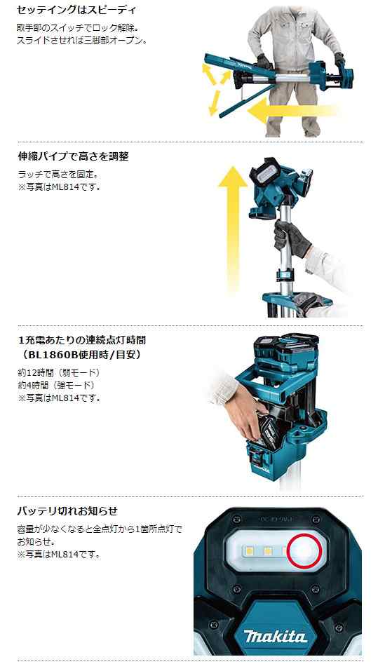 マキタ) 充電式タワーライト ML813 本体のみ 専用ツールバッグ付 最大高さ2m24cm スポット照射のみ 14.4V対応 18V対応  makita 大型商品の通販はau PAY マーケット カナジンau PAY マーケット店 au PAY マーケット－通販サイト