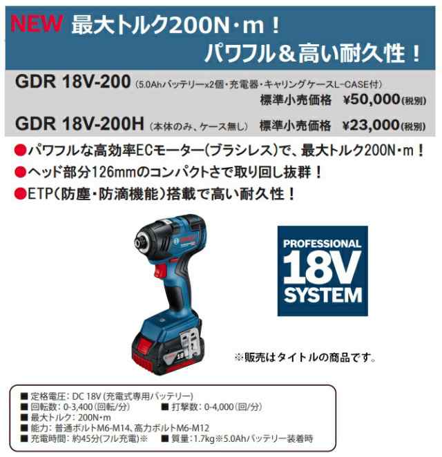 (ボッシュ) コードレスインパクトドライバー GDR18V-200 5.0Ahバッテリーx2個+充電器+キャリングケース付 18V対応 BOSCH