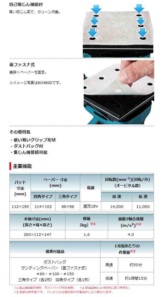 マキタ) 充電式防じんミニサンダ BO483DZ 本体のみ パッド寸法