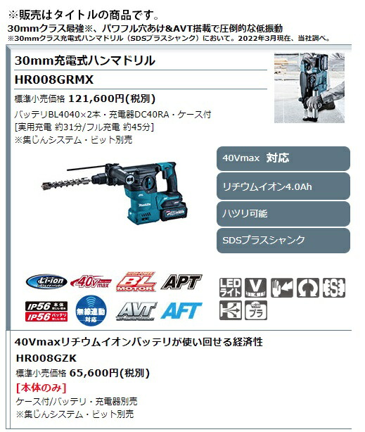 マキタ 30mm 充電式ハンマドリル HR008GZK 青 ケース付 40Vmax対応 makita 特_1