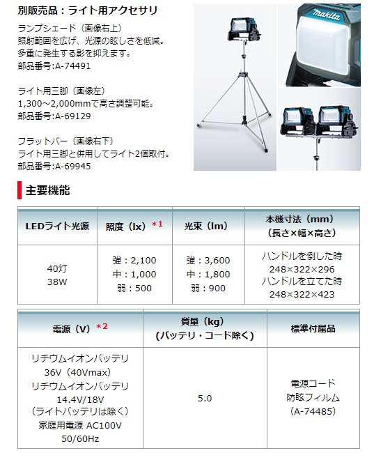 代引不可 マキタ ML004G 充電式スタンドライト 本体のみ 40Vmax18V14.4V対応 バッテリ 充電器別売 