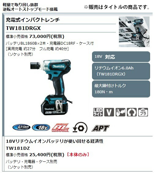 (マキタ) 充電式インパクトレンチ TW181DZ 本体のみ 最大締付けトルク180N・m 18V対応 makita_1