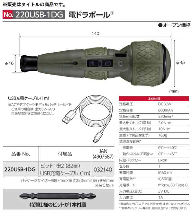 在庫 ベッセル 電ドラボール No.220USB-1DG 限定色ダルグリーン 標準モデル 特別仕様ビット1本+USB充電ケーブル(1m)付  VESSEL｜au PAY マーケット