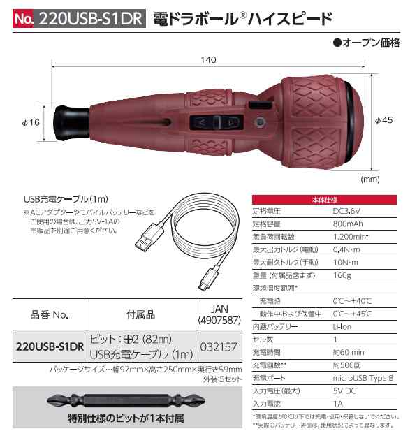 在庫 ベッセル 電ドラボール No.220USB-S1DR 限定色ダルレッド ハイスピードモデル 特別仕様ビット1本+USB充電ケーブル(1m)付  VESSELの通販はau PAY マーケット - カナジンau PAY マーケット店 | au PAY マーケット－通販サイト