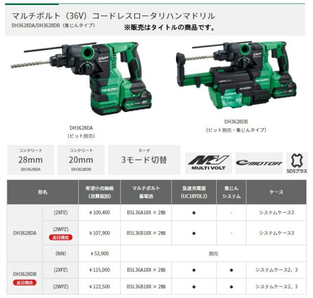HiKOKI コードレスロータリハンマドリル DH3628DA(NN) 本体のみ HiKOKI コードレスロータリハンマドリル DH3628DA(NN) 本体のみ