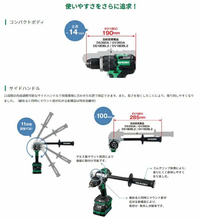 HiKOKI コードレス振動ドライバドリル DV18DC(NN) 本体+サイドハンドル