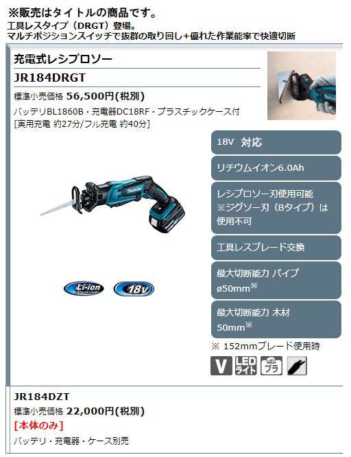マキタ　JR188DZ　充電式レシプロソー 　18V対応 (本体:バッテリ・充電器・ケース別売 レシプロソーブレード付(BIM48鉄工用)