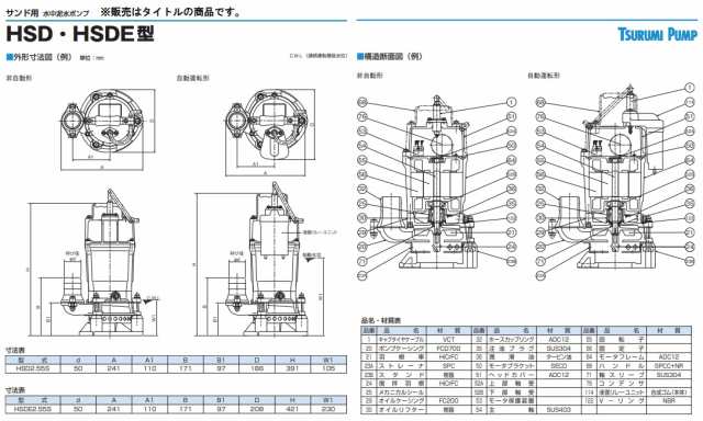 ツルミ 泥水用 水中ポンプ HSD2.55S 非自動形 100V 0.55kW 口径 2インチ 50mm 50Hz 60Hz サンドポンプ  水中泥水ポンプ 工事用 土木 土砂水用 土砂 土砂ポンプ 土木用 排水ポンプ 土砂排水 ポンプ 鶴見製作所 HSD型 HSDE型 ハイスピン 羽根 泥水排水  土砂水