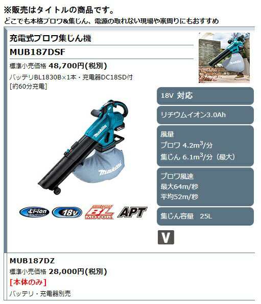 マキタ) 充電式ブロワ集じん機 MUB187DSF バッテリBL1830B+充電器