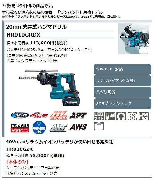 マキタ) 20mm 充電式ハンマドリル HR010GZK 本体+ケース付 40Vmax対応