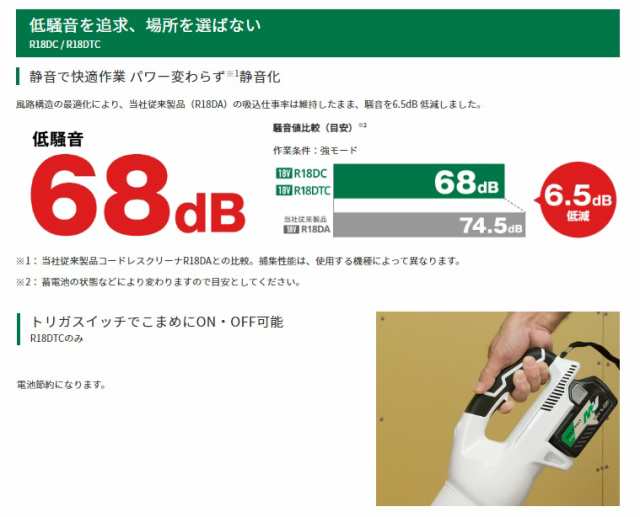 HiKOKI 18Vコードレスクリーナ トリガスイッチ R18DTC(NN) 本体のみ 集じん容量560ml 機体寸法478x112x170mm  18V対応 日立 ハイコーキ｜au PAY マーケット